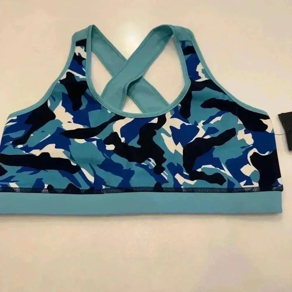 Fourlaps infinity sports bra teal, black & white camo racer back size medium